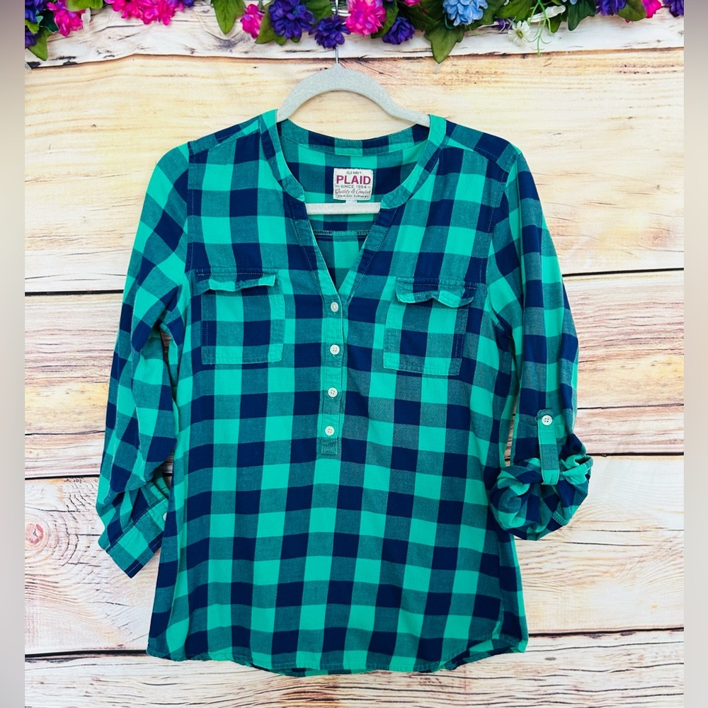 Old Navy PLAID Vintage Women’s Blue Green Long Sleeve Popover Flannel Shirt S